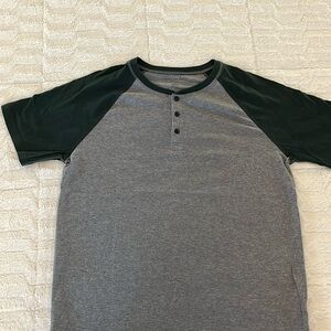 Gray with green short sleeves.Three button closure